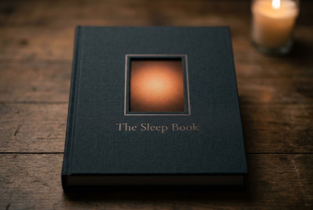The sleep book, cloth-bound, on a wooden table beside a warm candle.
